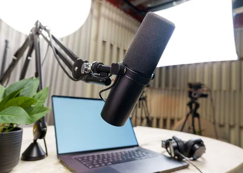 Microphone and headphones in a podcast recording studio